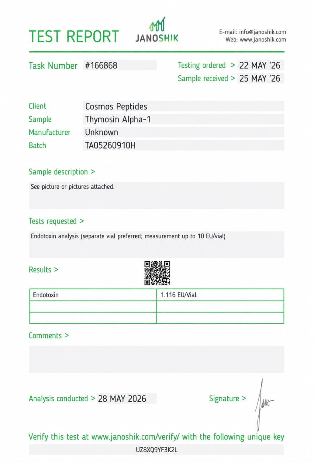 Thymosin Alpha lab test report